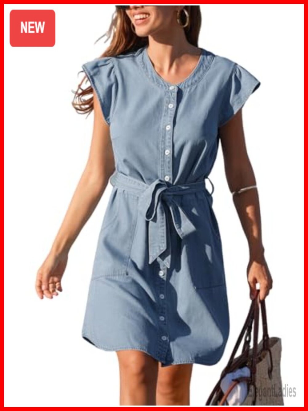Denim Mini Dress Button Down Belted Tie Waist Ruffle Sleeves Pockets